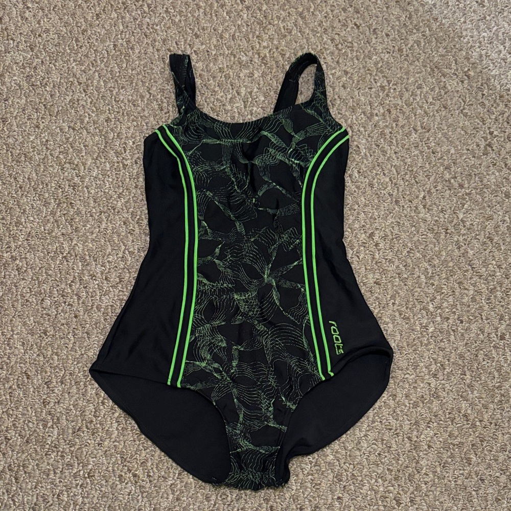 Roots Black and Green One Piece Swim Bathing Suit Size 10
